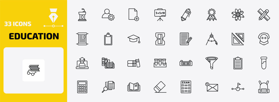education outline icon set. 33 linear vector for ui, web and mobile. thin line cell phone, users tings, new document and more icons.