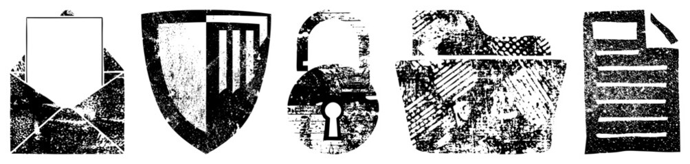 Obraz premium Set of distressed vector envelope, shield, padlock, folder, document. Used for digital security, data protection, and file organization. Halftone grit,, tech UI elements.