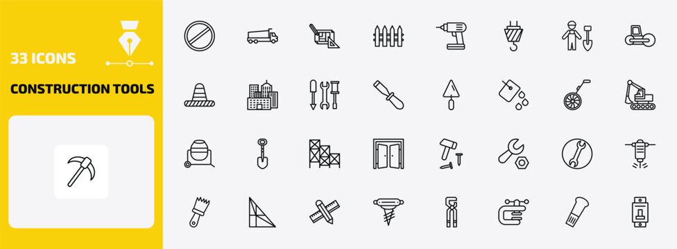 construction tools outline icon set. 33 linear vector for ui, web and mobile. thin line stopping, tipper, construction plan and more icons.
