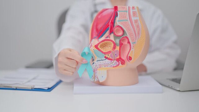 Doctor with Male Reproductive System anatomy model and Blue ribbon. November Prostate Cancer awareness month, Enlarged prostate, Prostatitis disease, Male Infertility and healthcare concept