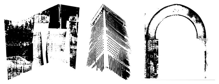 Distressed black vector of urban structures, abstract building facades, weathered archways, urban decay, architectural elements, halftone texture, graphic design.