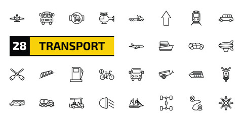 transport outline icon set. 28 linear vector for ui, web and mobile. thin line airliner, school bus empty, workshop repair and more icons. © Farahim