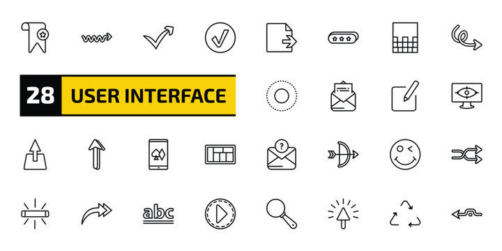 user interface outline icon set. 28 linear vector for ui, web and mobile. thin line bookmark, scribble right arrow, check mark arrow and more icons.