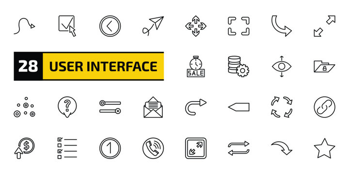 user interface outline icon set. 28 linear vector for ui, web and mobile. thin line sketched arrow, check box with cursor, round left button and more icons.