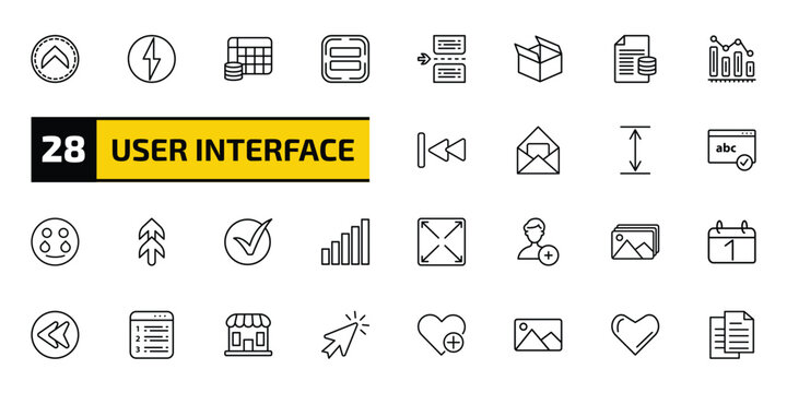 user interface outline icon set. 28 linear vector for ui, web and mobile. thin line up chevron, lightning flash, table for data and more icons.