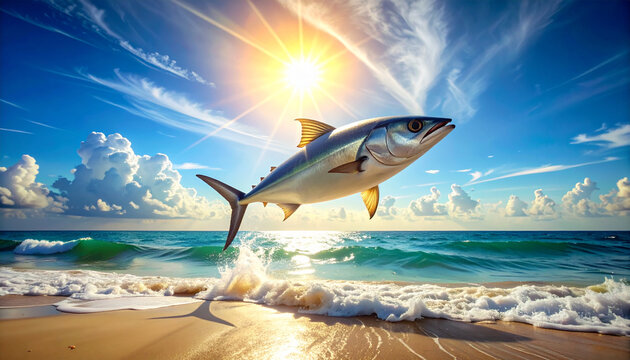 Tuna fish leaping above ocean waves under bright sunlight and blue sky