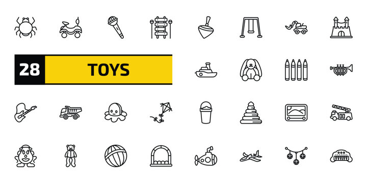 toys outline icon set. 28 linear vector for ui, web and mobile. thin line spider toy, ride on toy, microphone toy and more icons.