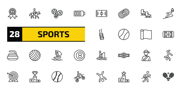 sports outline icon set. 28 linear vector for ui, web and mobile. thin line second prize, horseback, balls and more icons.