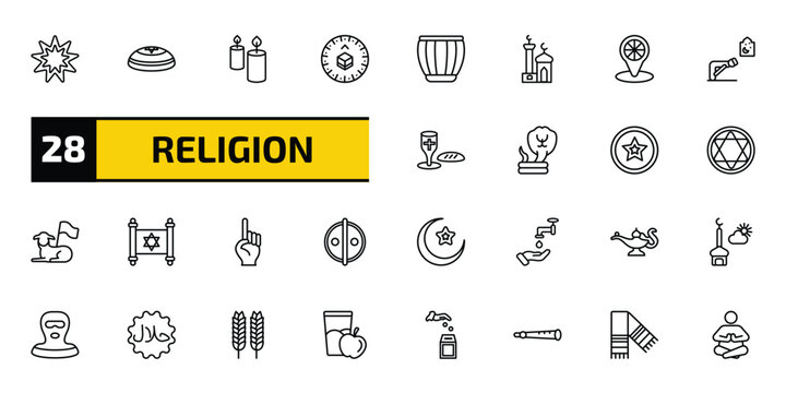 religion outline icon set. 28 linear vector for ui, web and mobile. thin line bahai, kippah, candles and more icons.