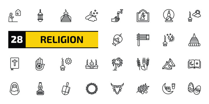 religion outline icon set. 28 linear vector for ui, web and mobile. thin line muslim man praying, arabic lamp, islamic minbar and more icons.