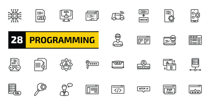 programming outline icon set. 28 linear vector for ui, web and mobile. thin line hardware, jsx, program error and more icons.