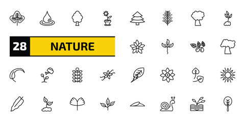 nature outline icon set. 28 linear vector for ui, web and mobile. thin line reniform, raindrop, american elm tree and more icons. © Farahim