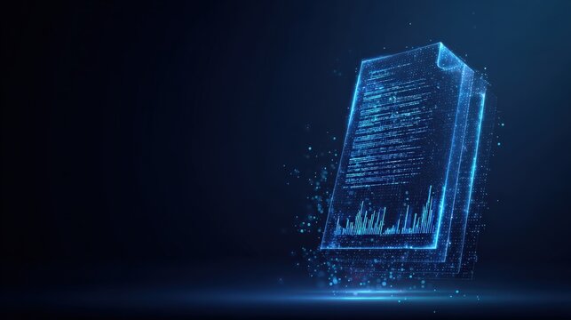 A digital document made of particles emerges against a dark backdrop, creating an abstract representation of a modern digital file. ..Created with Generative AI, not depicting real subjects.