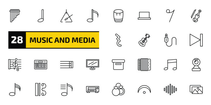 music and media outline icon set. 28 linear vector for ui, web and mobile. thin line panpipe, quarter note, music triangle and more icons.