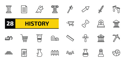 history outline icon set. 28 linear vector for ui, web and mobile. thin line pillars, paper, diaur and more icons.