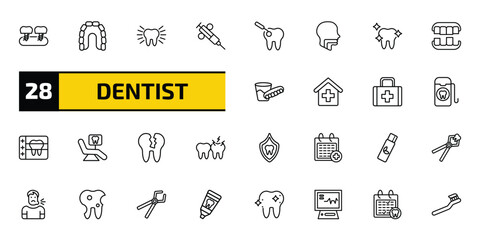 dentist outline icon set. 28 linear vector for ui, web and mobile. thin line fake tooth, maxilla, clean tooth and more icons. © Farahim