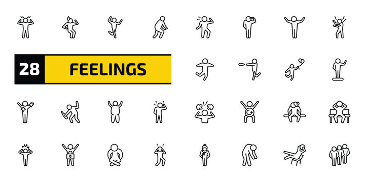 feelings outline icon set. 28 linear vector for ui, web and mobile. thin line aggravated human, anxious human, silly human and more icons.