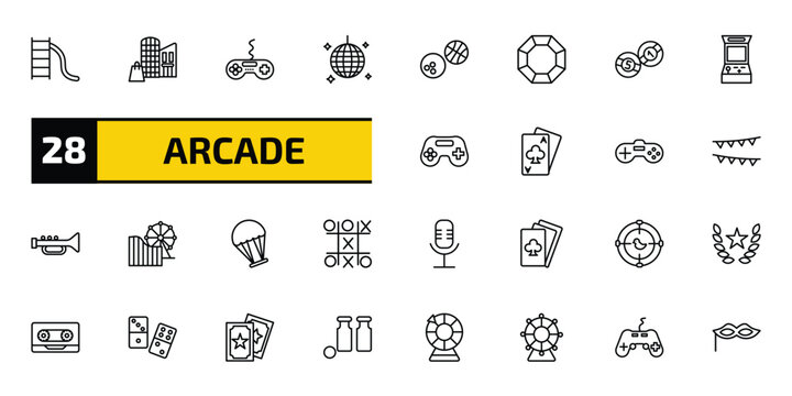 arcade outline icon set. 28 linear vector for ui, web and mobile. thin line toboggan, mall, game and more icons.