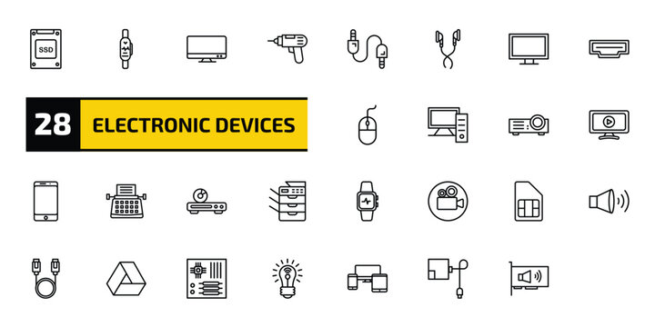 electronic devices outline icon set. 28 linear vector for ui, web and mobile. thin line ssd, smartband, television and more icons.