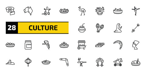 Fototapeta premium culture outline icon set. 28 linear vector for ui, web and mobile. thin line bolo de fuba, australian continent, gecko top view shape and more icons.
