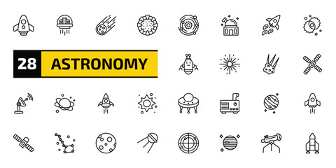 astronomy outline icon set. 28 linear vector for ui, web and mobile. thin line space shuttle, space colony, meteorite falling and more icons. © Farahim