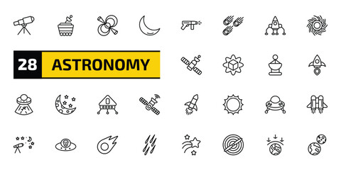astronomy outline icon set. 28 linear vector for ui, web and mobile. thin line telescope pointing up, moonwalker, pulsar and more icons. © Farahim