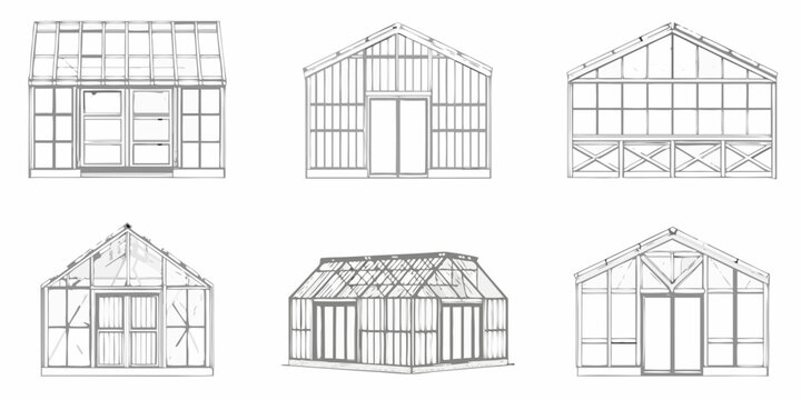 Line drawing illustrations of various greenhouse and shed structures