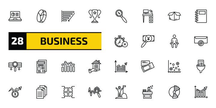 business outline icon set. 28 linear vector for ui, web and mobile. thin line laptop profits graphics, quarter pie chart, depleting chart and more icons.