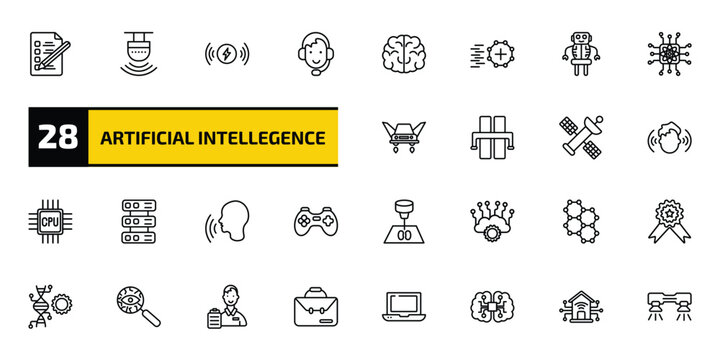 artificial intellegence outline icon set. 28 linear vector for ui, web and mobile. thin line check list, motion sensor, wireless charging and more icons.