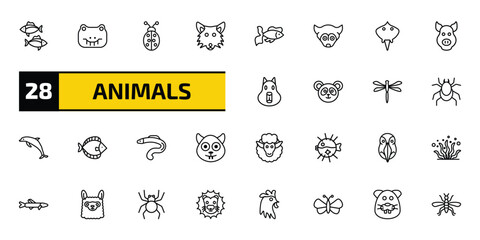animals outline icon set. 28 linear vector for ui, web and mobile. thin line tuna, crocodile, ladybug and more icons. © Farahim