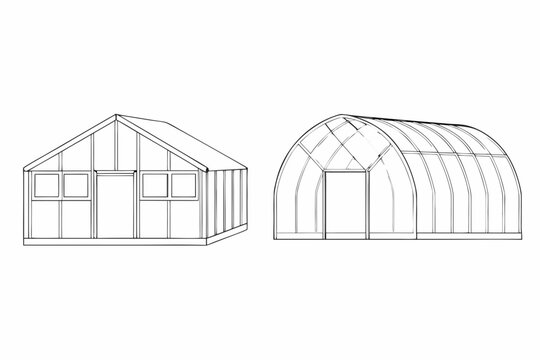 Line drawing of two different shed designs gable and quonset styles