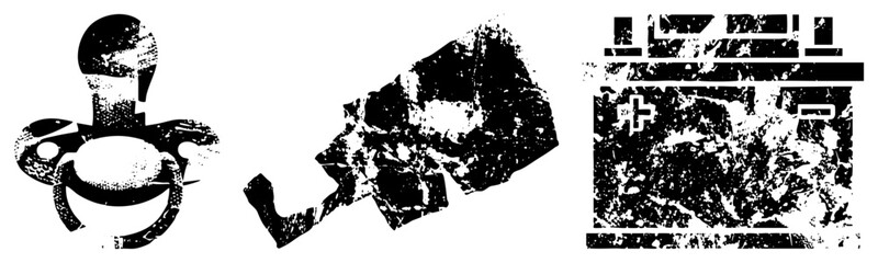 Obraz premium Graphic elements featuring fragmented shapes, glitched typography, and halftone noise textures, ideal for digital art or UI design.