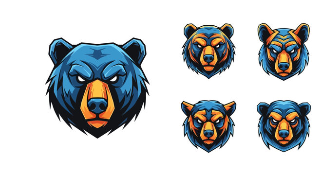 Mascot Bear Head Art Creative Design For Sports Team Or Gaming Brand Emblem 5 Styles Blue Yellow Orange Tones Realistic Style