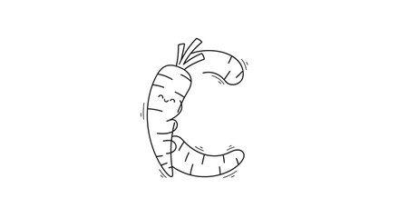 Fototapeta premium Whimsical black and white line art illustration of a cheerful carrot forming the uppercase letter