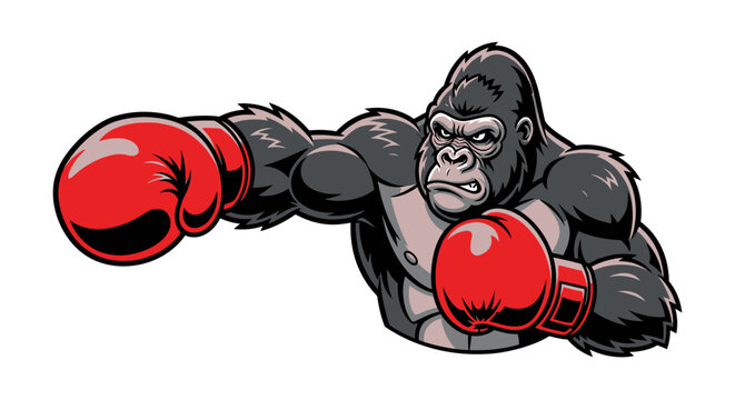 Furious gorilla wearing red boxing gloves throws a powerful punch in a dynamic athletic stance for a combat sports concept