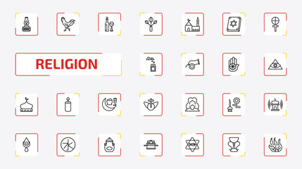 religion outline icon set. 25 linear vector for ui, web and mobile. thin line old oil lamp, chicken, hebrew wine and more icons.