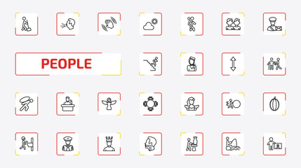 people outline icon set. 25 linear vector for ui, web and mobile. thin line sweeping person, cough, waving goodbye and more icons.