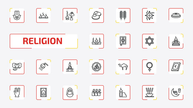 religion outline icon set. 25 linear vector for ui, web and mobile. thin line hamsa hand, abrahamic, fajr dawn prayer and more icons.