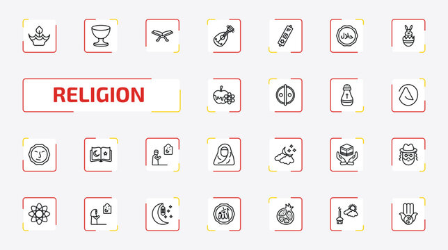 religion outline icon set. 25 linear vector for ui, web and mobile. thin line diwali, laver of washing, reading quran and more icons.