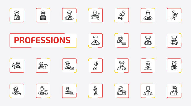 professions outline icon set. 25 linear vector for ui, web and mobile. thin line butler, thief, captain and more icons.