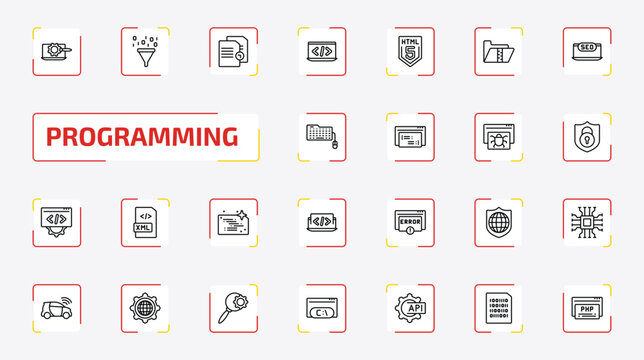 programming outline icon set. 25 linear vector for ui, web and mobile. thin line seo tools, seo funnel, duplicate and more icons.