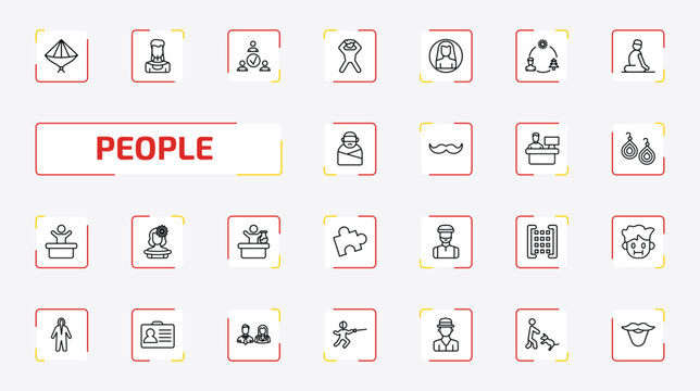 people outline icon set. 25 linear vector for ui, web and mobile. thin line vietnamese, amazonian, team work success and more icons.