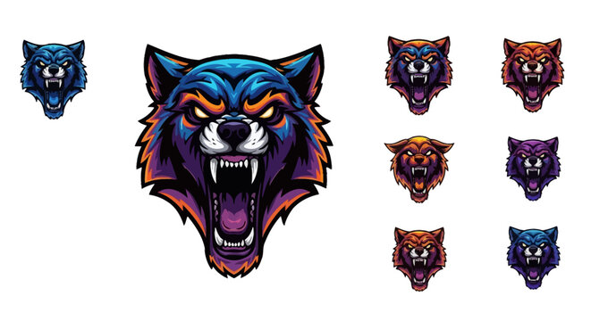 Fierce Wolf Head Emblem Design Fierce Animal Mascot Logo Graphic Art Blue Orange
