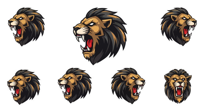 Fierce Lion Head Collection Diverse Poses Roaring Captivating Majestic Wild Animal Expressions Isolated White Background