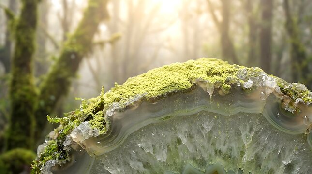Moss Covered Agate Stone in Misty Forest with Sunlight