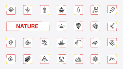 nature outline icon set. 25 linear vector for ui, web and mobile. thin line slippery elm tree, green tea, mimosa and more icons. © Farahim