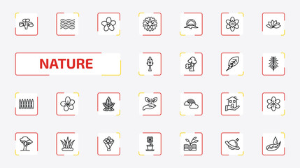 nature outline icon set. 25 linear vector for ui, web and mobile. thin line pitch pine tree, waves, pointia and more icons. © Farahim