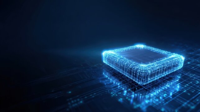 A digital, glowing processor illuminates the possibilities of technological innovation, set against a dark blue background. ..Created with Generative AI, not depicting real subjects.