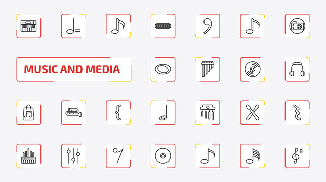 music and media outline icon set. 25 linear vector for ui, web and mobile. thin line synthesizer, minim, sixteenth note and more icons.