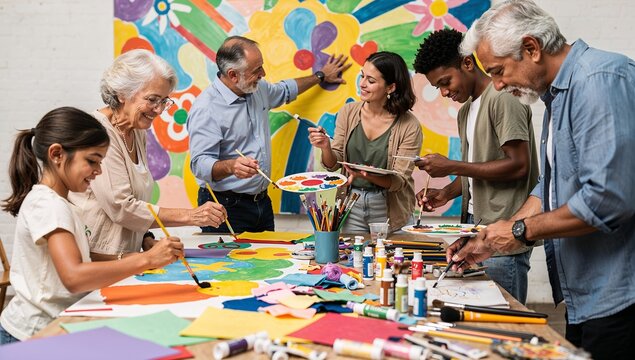 Diverse group of people of all ages including seniors and children enjoying creative art workshop and painting together in a bright community studio